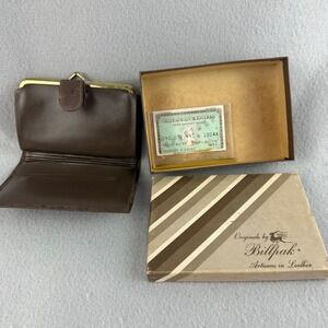 Vintage 60s Billpak Ostrich Embossed Leather Coin Purse Wallet Brown Brass Clasp